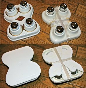 中山式快癒器の表(上段)と裏(下段)。右が年季モノ。 中山式快癒器の表(上段)と裏(下段)。右が年季モノ。